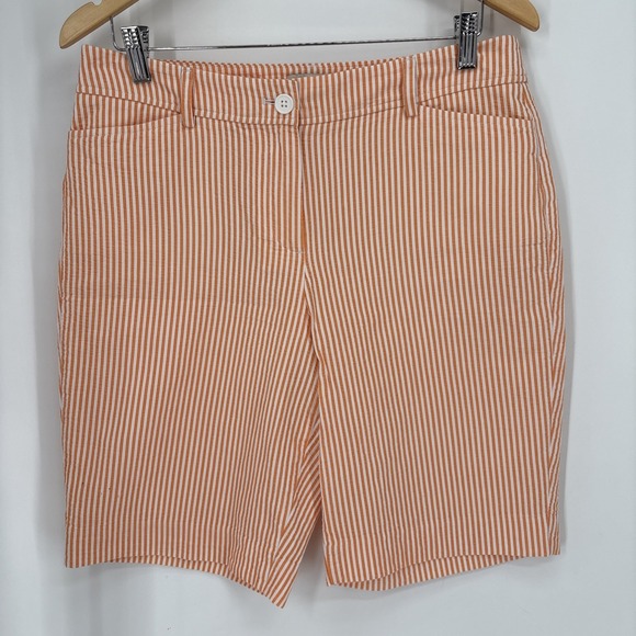 Talbots Shorts Women 10 Orange White Stripe Seersucker Chino Shorts 10" - Picture 1 of 6